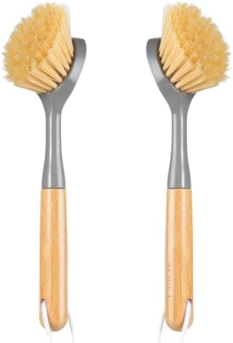 2 Pack Dish Brushes with Bamboo Handle, Kitchen Dish Scrubber Built-in Scraper by FunCee