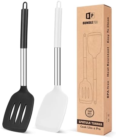 Pack of 2 Silicone Solid Turner, Non Stick Slotted Kitchen Spatulas, High Heat by BUNDLEPRO