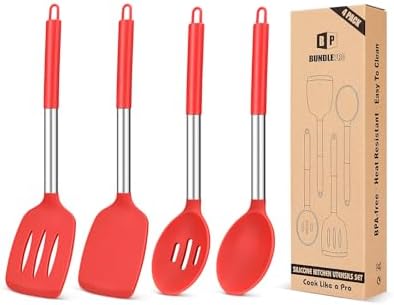 Pack of 4 Silicone Cooking Utensils Set, Non Stick Large Solid Spatulas by BUNDLEPRO
