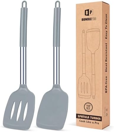 Pack of 2 Silicone Solid Turner, Non Stick Slotted Kitchen Spatulas, High Heat by BUNDLEPRO