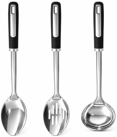 Stainless Steel Cooking Spoon Set, 3-Piece Serving, Slotted & Ladle by JULIPRO