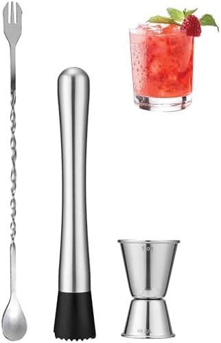 8”Stainless Steel Muddler, 10”Mixing Spoon & Jigger by Goldelith