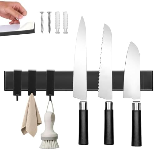 Knife Magnetic Strip With 3 Hooks, No Drill Knife Magnet Tool Holder Bar by HEREOFhereisforyourneeds