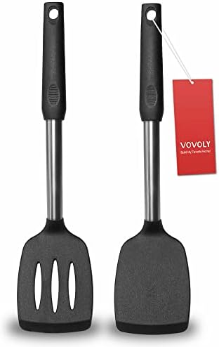 2 Pack Spatulas, Solid & Slotted Silicone Spatula Set, Stainless Steel Handle by VOVOLY