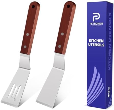 Small Metal Spatula Set with Thin Beveled Edge, Wood Handle by PETERSHOMEANDKITCHEN