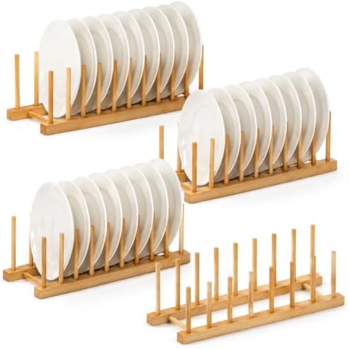 Lawei 4 Pack Bamboo Dish Drying Rack, Plate Rack Stand Pot Lid Holder, Dish by ENJOYEVERYMOMENT