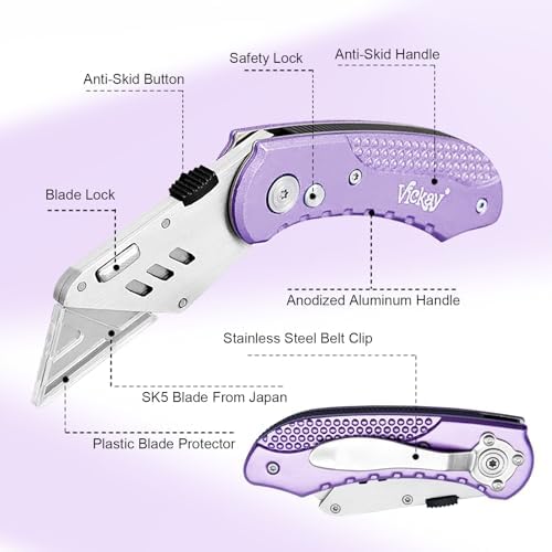 Vickay Folding Utility Knife, Heavy Duty Box Cutter Purple, Razor Knife - Image 3