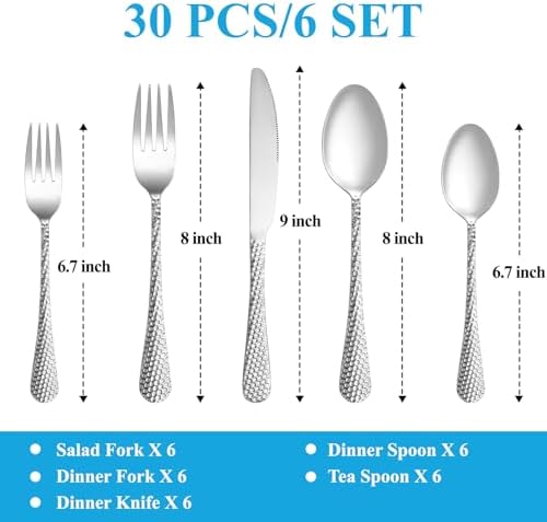 30 Pcs Hammered Silverware Set Service - Image 2