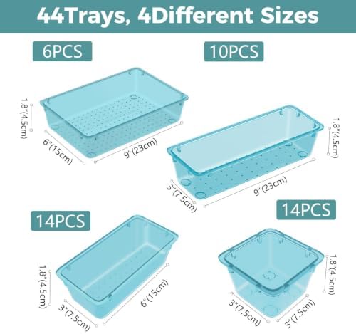 44 PCS Clear Plastic Drawer Organizer Set, 4 Sizes Storage Bins, Sea Blue - Image 3