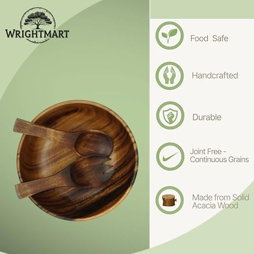 Acacia Wood Salad Bowl Set, 9 In Solid Serving Bowl, 2 Servers - Image 3