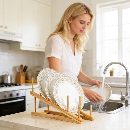 4 PCS Wooden Dish Drying Rack Bamboo Plate Dish Rack Stand Kitchen Cabinet - Image 5