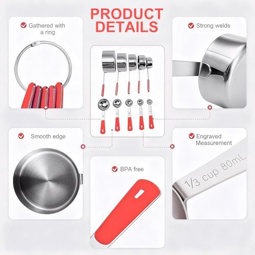 Bopei 10-Pcs Stainless Steel Measuring Cups & Spoons Set - Image 3
