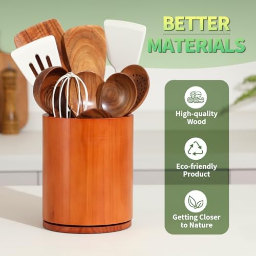 Wood Utensil Holder, 360° Rotating 7.3 in Kitchen Organizer - Image 5