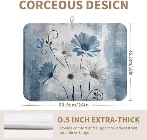 Dish Drying Mat for Kitchen Counter 18x24 Inch Blue Grey Daisy Drying Pads - Image 2