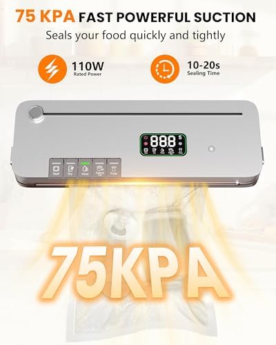 Compact Food Vacuum Sealer 75kPa, Built-in Cutter & Digital Timer, 20 Bags - Image 2