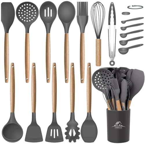 MIBOTE Silicone Cooking Kitchen Utensils Set, Wooden Handle by MIBOTE