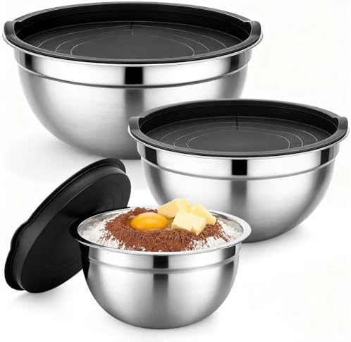 Beasea Mixing Bowls with Lids Set of 3, 1.5/2.5/4 QT Stackable Stainless Steel by Beasea