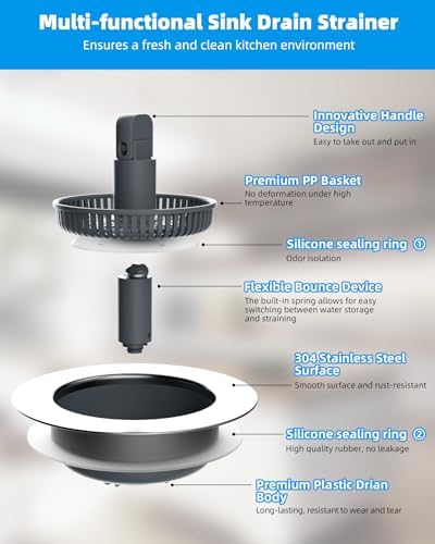 Hibbent 3 in 1 Kitchen Sink Drain Strainer and Stopper Combo, Chrome Stainless - Image 6