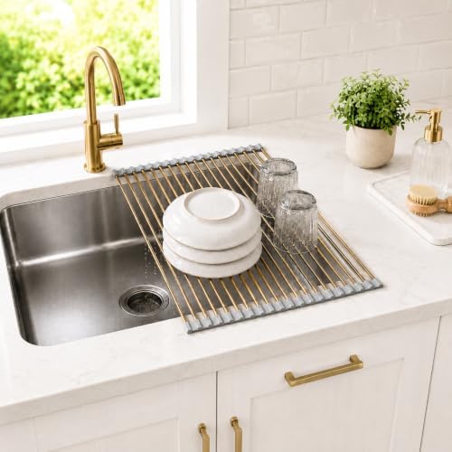 Gold Roll Up Dish Drying Rack Over Sink, Foldable Stainless Steel Drainer - Image 4