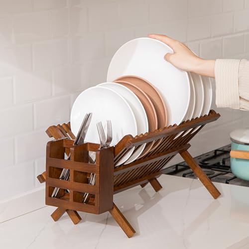 HBlife Dish Rack, Teak Folding 2-Tier Collapsible Drainer Dish Drying Rack - Image 7