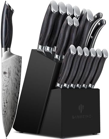 16 Pieces Knife Set, Knife Block Set in Powder Steel, Ultra Sharp by SANMEIHO