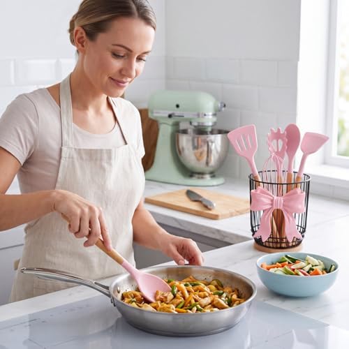 7 Pcs Pink Bow Kitchen Decor, Silicone Cooking Utensils Set - Image 2