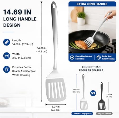 Stainless Steel Spatula Slotted Turner Wide Metal Cooking Tool Long Handle - Image 2