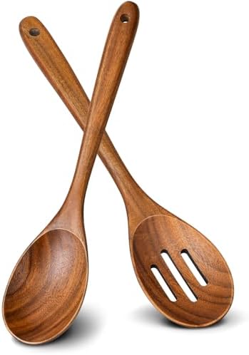 2Pcs Teak Wooden Kitchen Cooking Utensils Set, Wooden Spoon & Slotted Spoon by Unknown