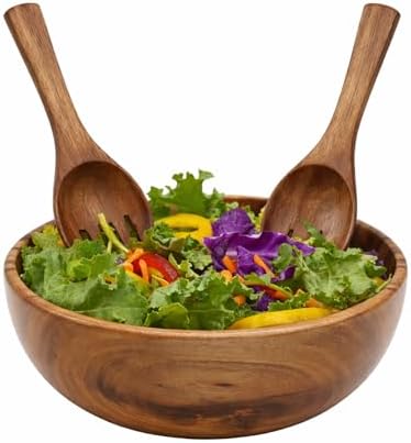 Acacia Wood Salad Bowl Set, 9 In Solid Serving Bowl, 2 Servers by Wrightmart