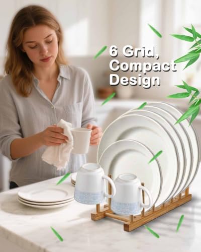 Bamboo Dish Rack, 6-Slot Vertical Wooden Plate Holder & Drainer - Image 6