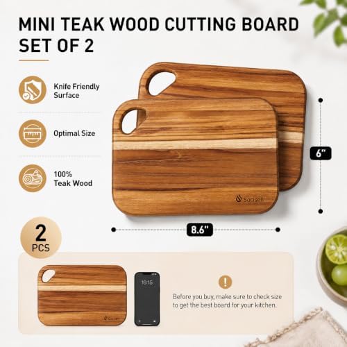 Socisen 2-Pack Small Teak Cutting Boards, 8.6" Mini Wood Charcuterie Board - Image 3