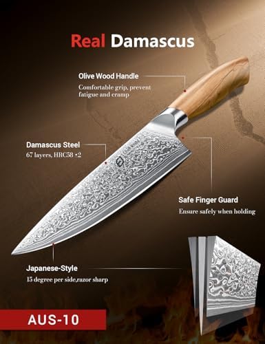 Emojoy 3-Piece Japanese Damascus Steel Knife Set, Olive Wood Handle & Box - Image 3