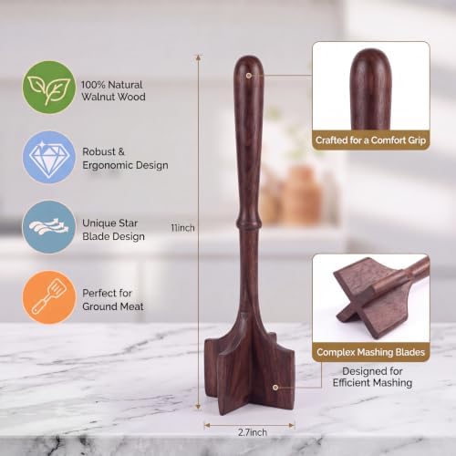 Walnut Wood Meat Chopper for Ground Beef 11 Inch Meat Masher - Image 2