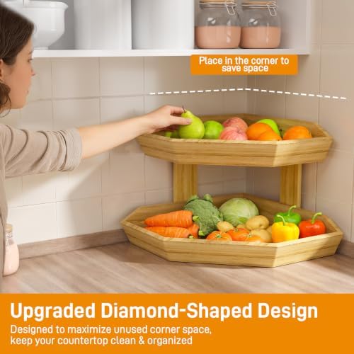 Wooden Fruit Basket for Kitchen Counter 2 Tier Fruit Bowl for Corner - Image 2