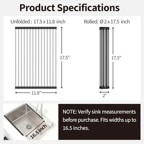 Roll Up Dish Drying Rack for Over Sink -17.5"x11.8" Foldable Stainless Steel - Image 3