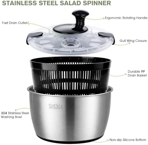 Greentainer 5.3QT Stainless Steel Salad Spinner, Hand-cranked Lettuce Spinner - Image 4