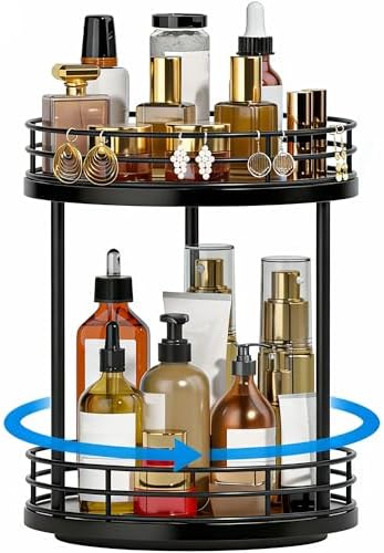 2-Tier Rotating Bathroom Countertop Organizer, Wooden Makeup Vanity Storage by Yelinkws