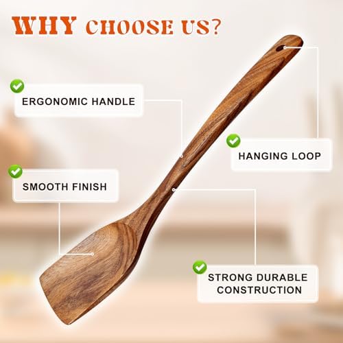 2Pcs Wooden Spatula, Acacia Solid & Slotted Turner Spatula Set, Long Handle - Image 6
