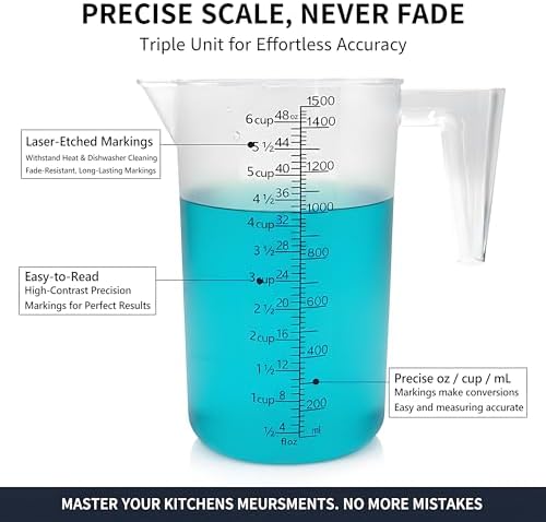 Liquid Measuring Cup with Handle, 48 oz / 6 Cup / 1500 ml Plastic Measuring - Image 3