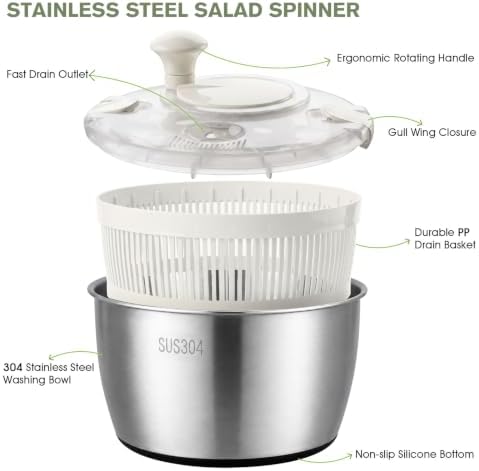 Greentainer 5.3QT Stainless Steel Salad Spinner, Hand-cranked Lettuce Spinner - Image 4
