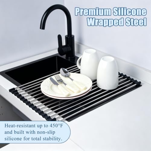 Roll Up Dish Drying Rack Over Sink, Use 304 Stainless Steel, 17.7"x15.7"Black - Image 5