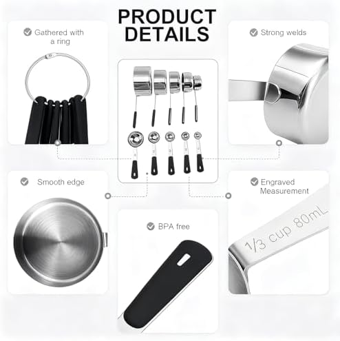 Bopei 10-Pcs Stainless Steel Measuring Cups & Spoons Set - Image 6