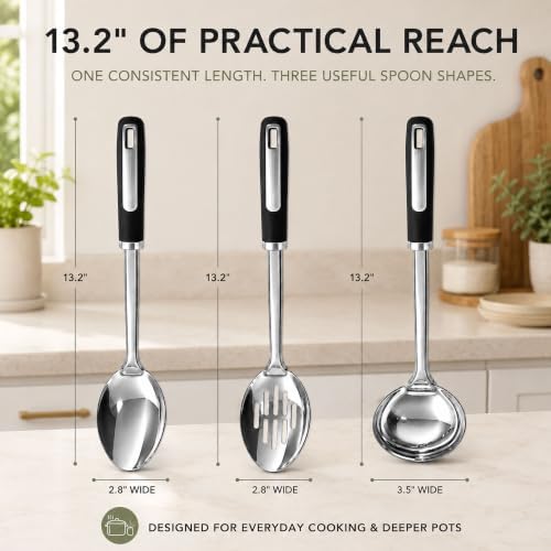 Stainless Steel Cooking Spoon Set, 3-Piece Serving, Slotted & Ladle - Image 2