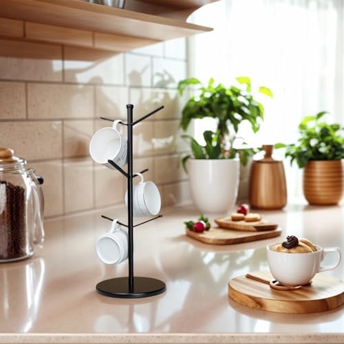 Premium Mug Tree, 6 Hooks Upgraded Stable Metal Mug Holder, Bamboo Base Coffee - Image 5