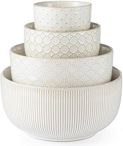Mikiegy Ceramic Mixing Bowls Set of 4, Nesting Ceramic Embossment Stoneware by MIKIGEY
