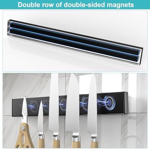 Knife Magnetic Strip With 3 Hooks, No Drill Knife Magnet Tool Holder Bar - Image 3