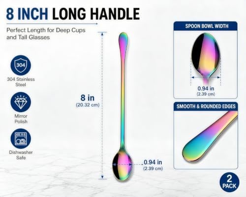 8 Inch Long Handle Iced Tea Spoons, 18/8 Stainless Steel Coffee Spoons - Image 3