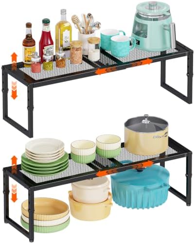 2 Pack Expandable Kitchen Cabinet Shelf Organizer, 15.5"-25.5" Long Adjustable by Cottage+Charm