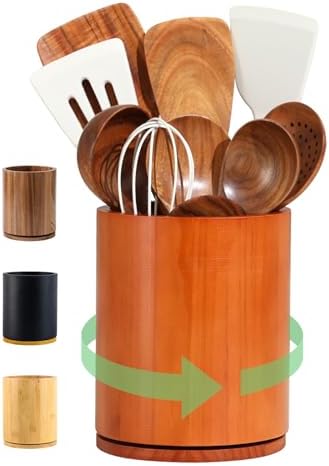 Wood Utensil Holder, 360° Rotating 7.3 in Kitchen Organizer by Unknown
