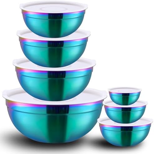 Rainbow Mixing Bowls with Lids Set of 7, Stainless Steel Nesting Bowl with by LKTDYMEG